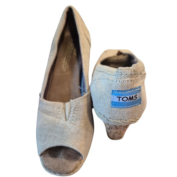 TOMS Women's Wedge Heels Peep Toe Shoes Casual Beige Canvas size 7.5 - Picture 1 of 11